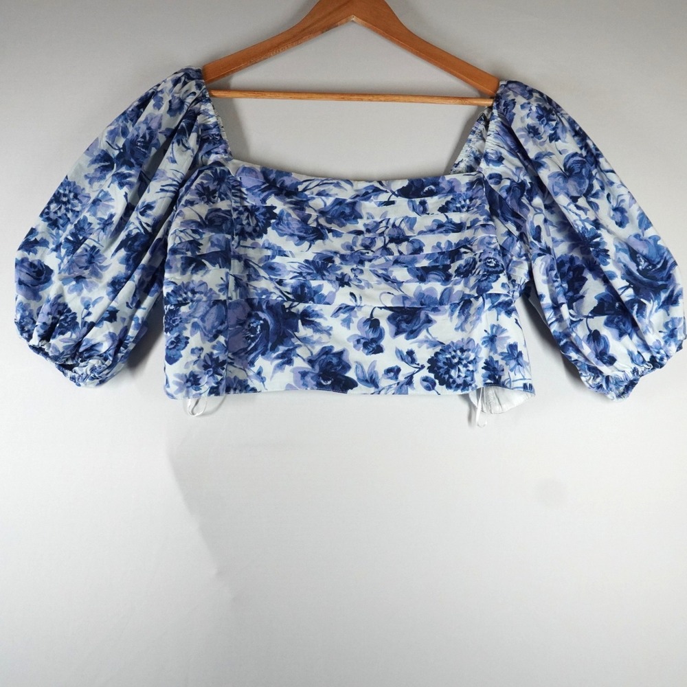 Abercrombie & Fitch Peasant Crop Top Womens XL Blue Floral Puff Sleeve Milkmaid